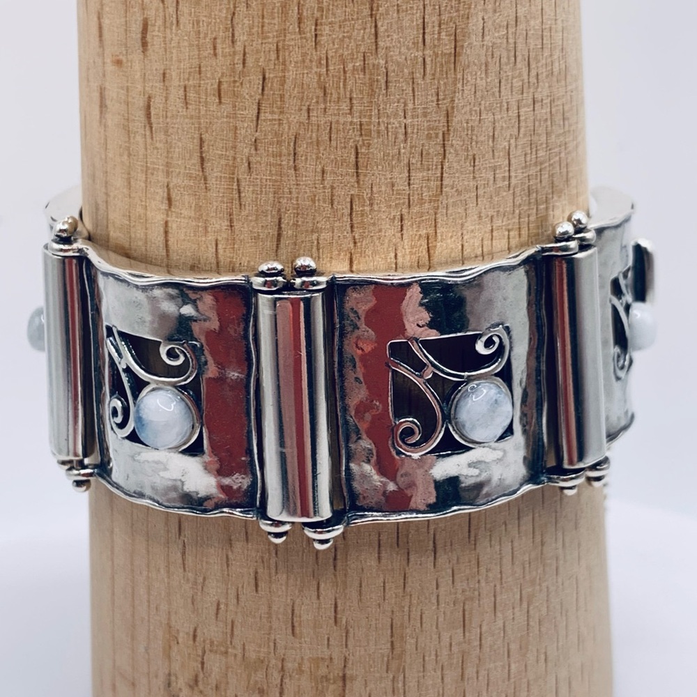 Vintage Sterling Silver Didae Panel Bracelet w/Moonstone Accents & Safety Chain - Picture 2 of 16